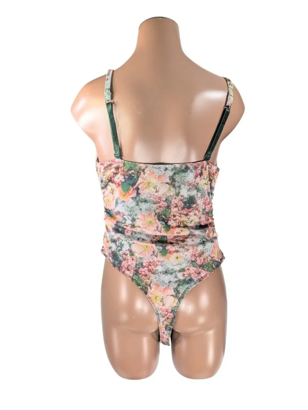 Out From Under Large Floral Lace Lined Adjust Strap Ruched Romantic Body Suit